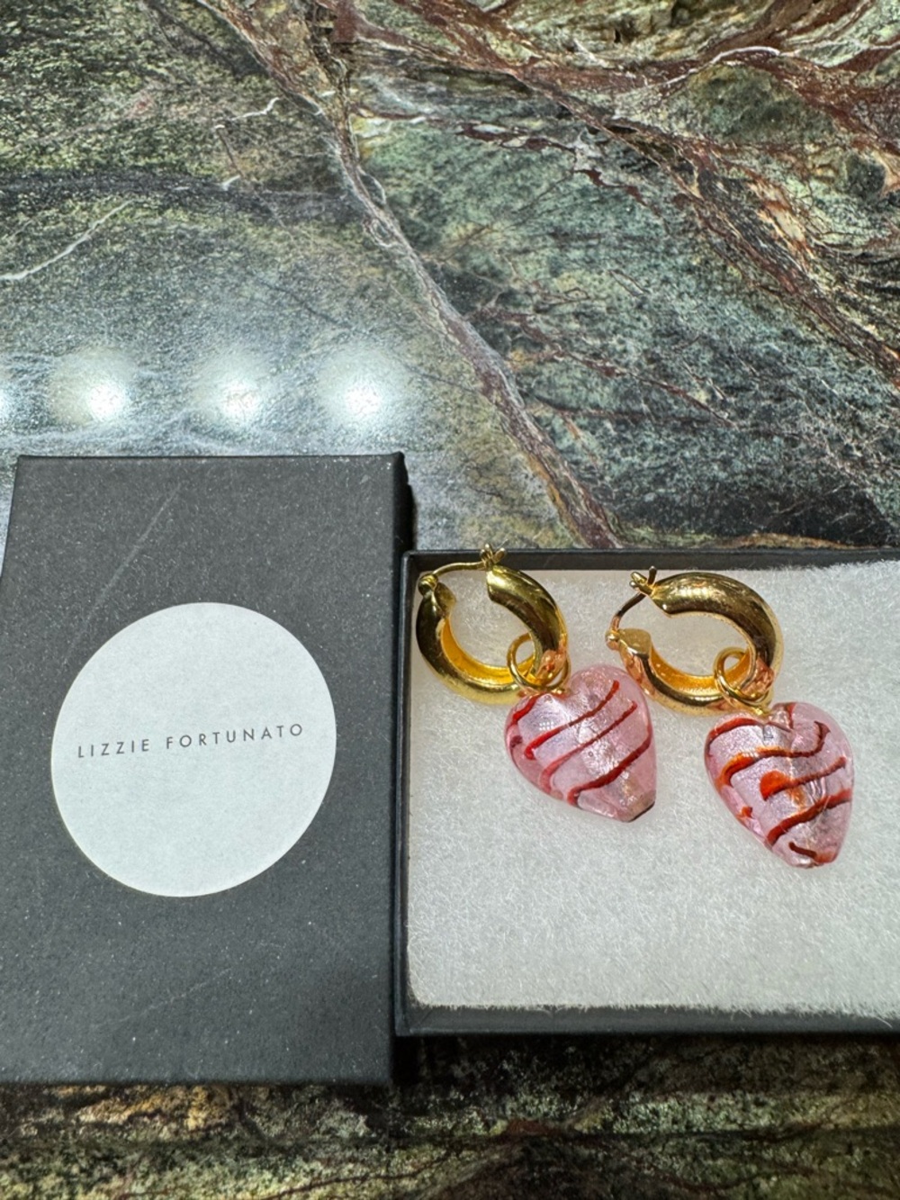Rare Lizzie Fortunato Pink Glass Heart charms w/ gold tone Hoop Earrings